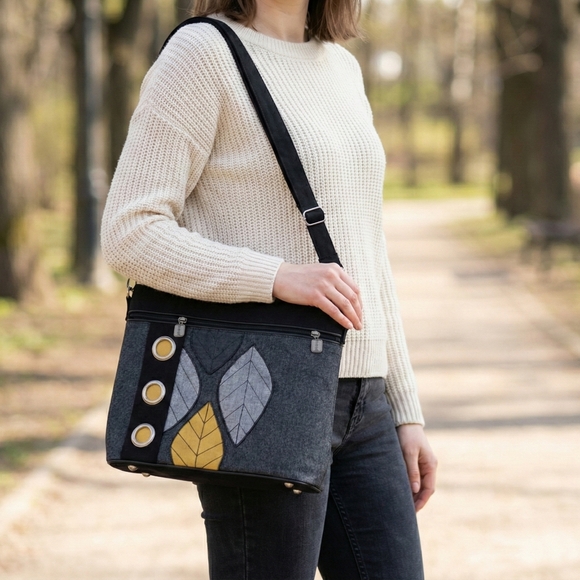 JAK’S Leaf Pattern Convertible Shoulder Bag & Crossbody - Charcoal/Yellow - Picture 2 of 6